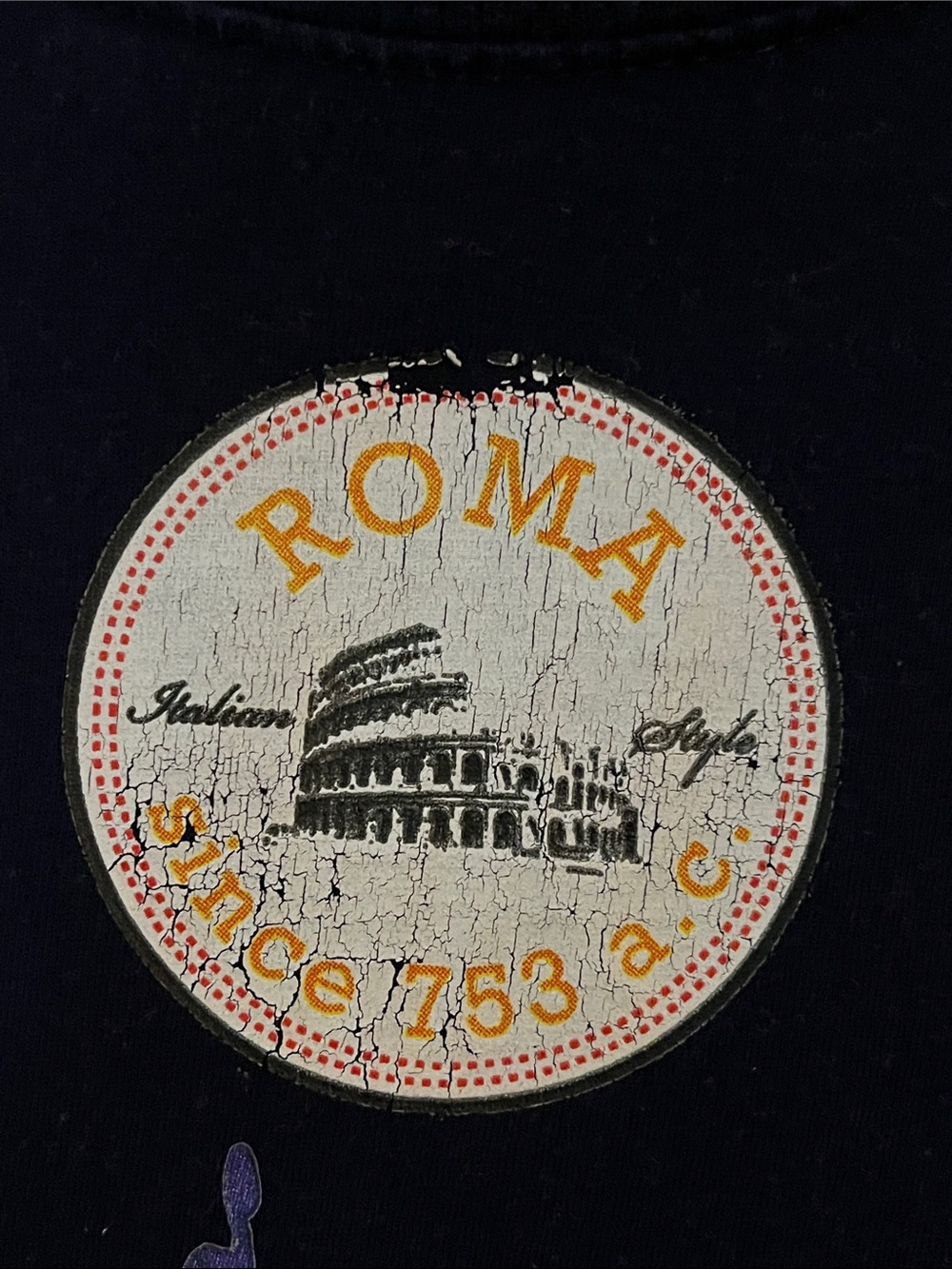 🦀Roma Navy Tee w/Multicolor Vespa Grid & Colosseum White Graphic (some peels) - Picture 2 of 3